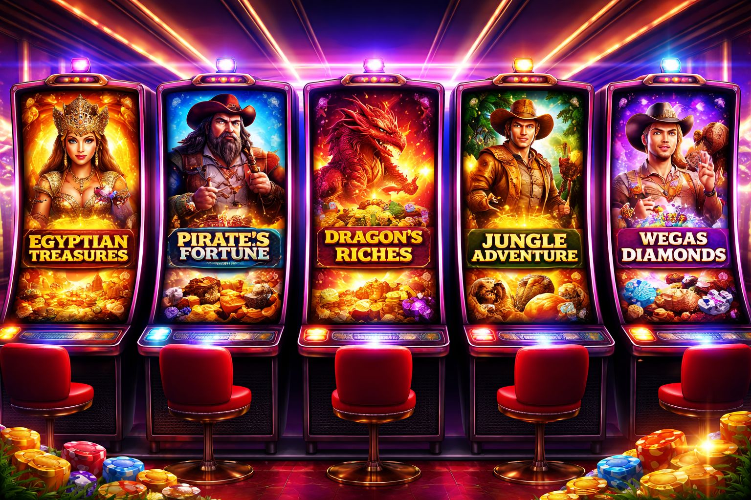 Diverse slot categories ranging from classic fruit machines to modern themed reels with vivid visuals.